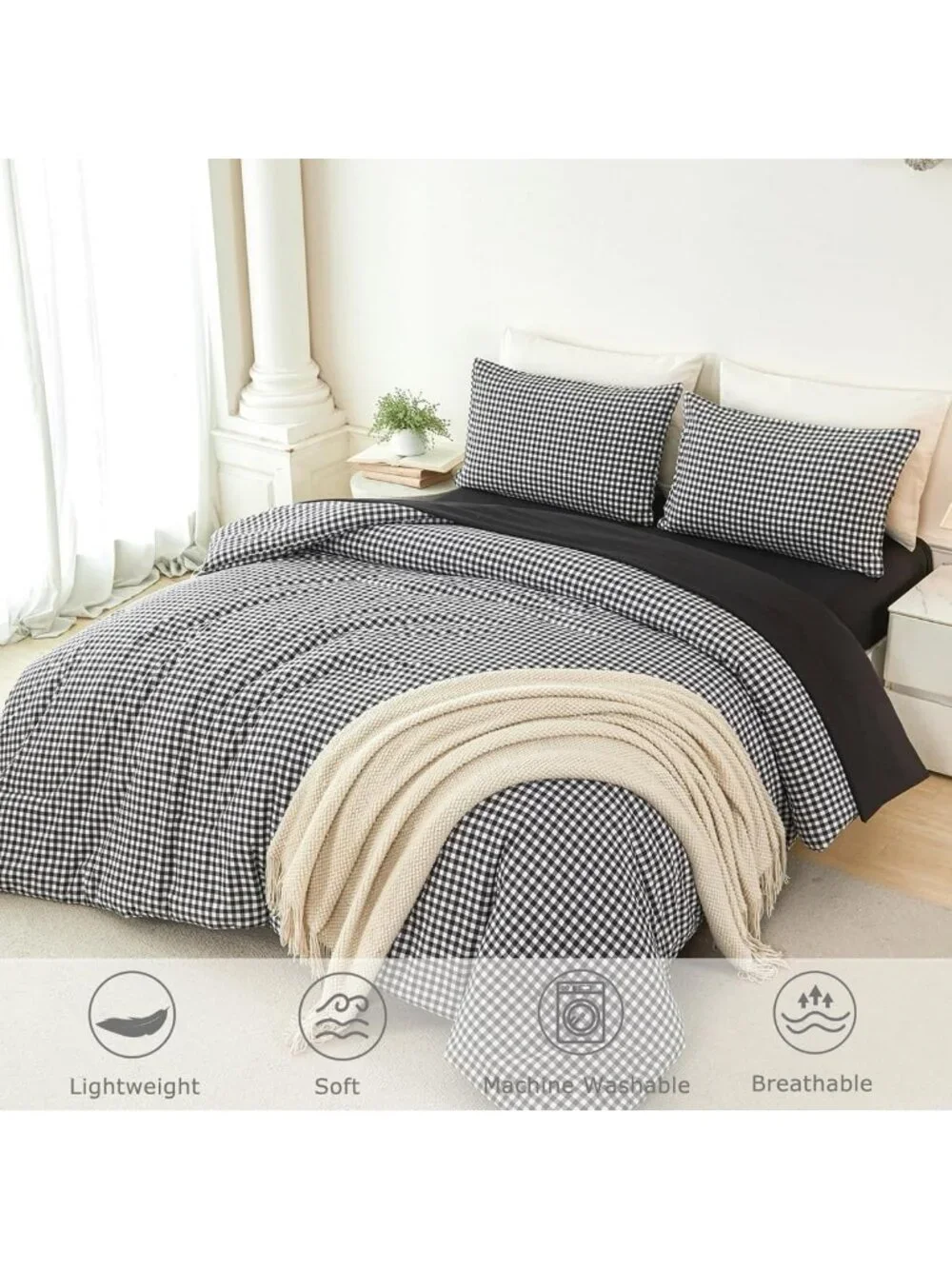 Stylish Twin Black & White Gingham 5-Piece Bedding Set - Plaid Comforter